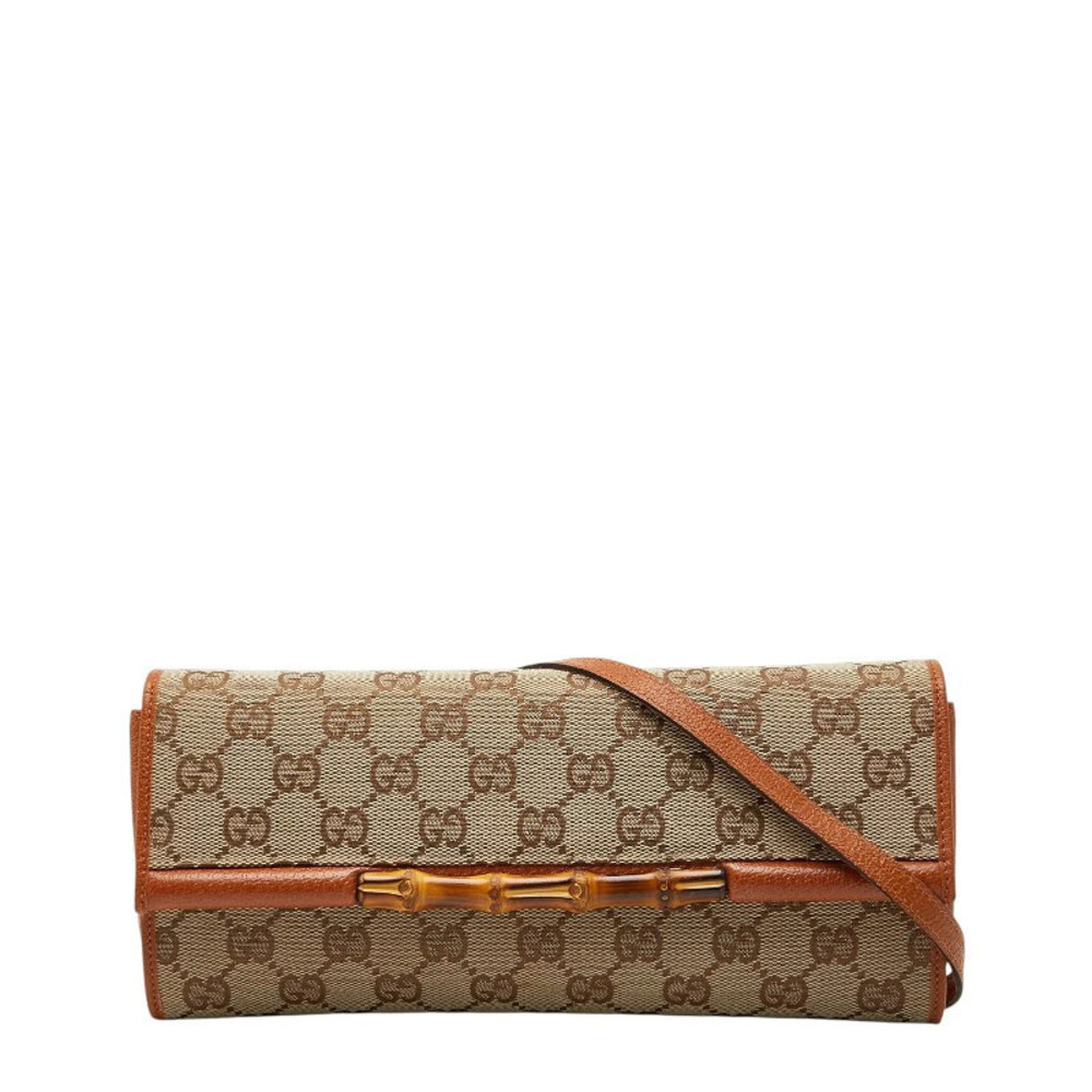 Gucci GG Canvas Bamboo Shoulder Bag Beige Cream Brown Leather